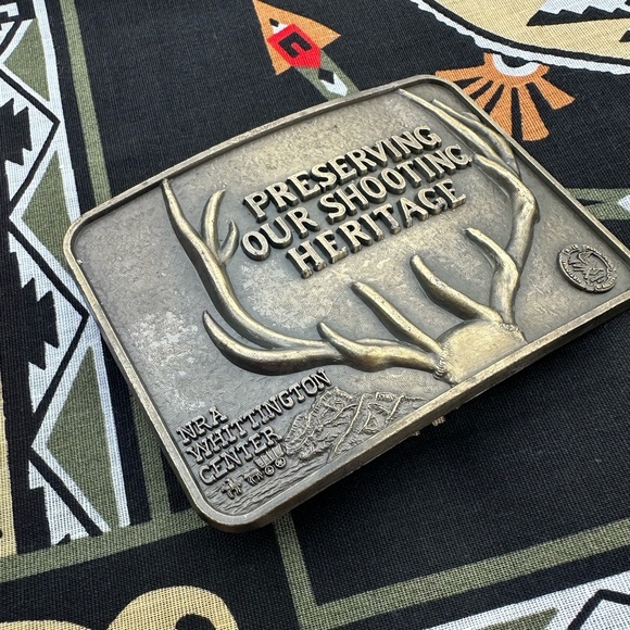 Vintage NRA Deer Hunting Belt Buckle Brass Gold Whittington Mens Unisex - Picture 2 of 6